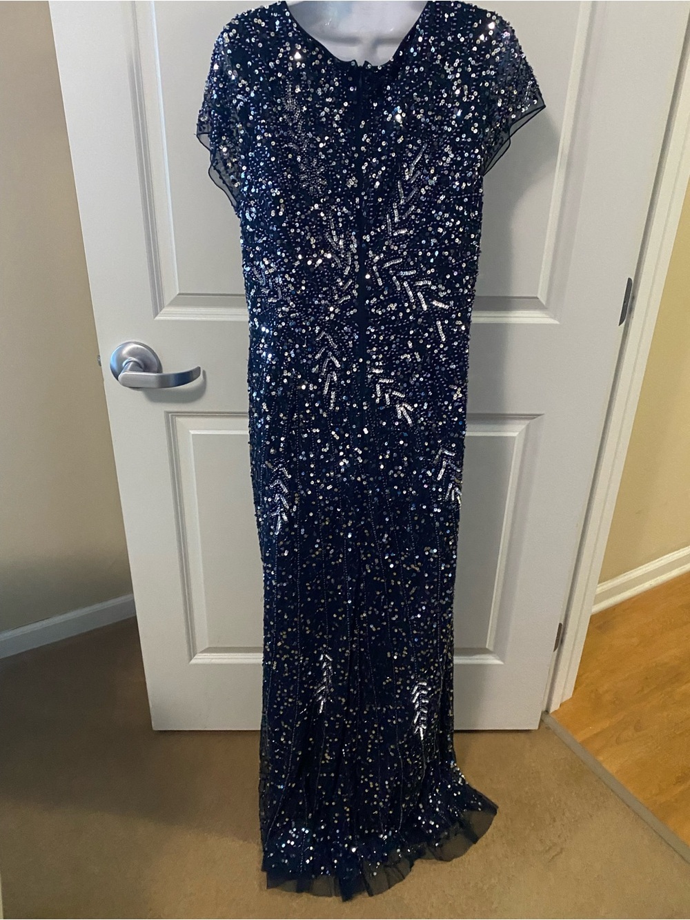 Adrianna Papell Navy Sequin V-Neck Maxi Gown - Picture 6 of 8